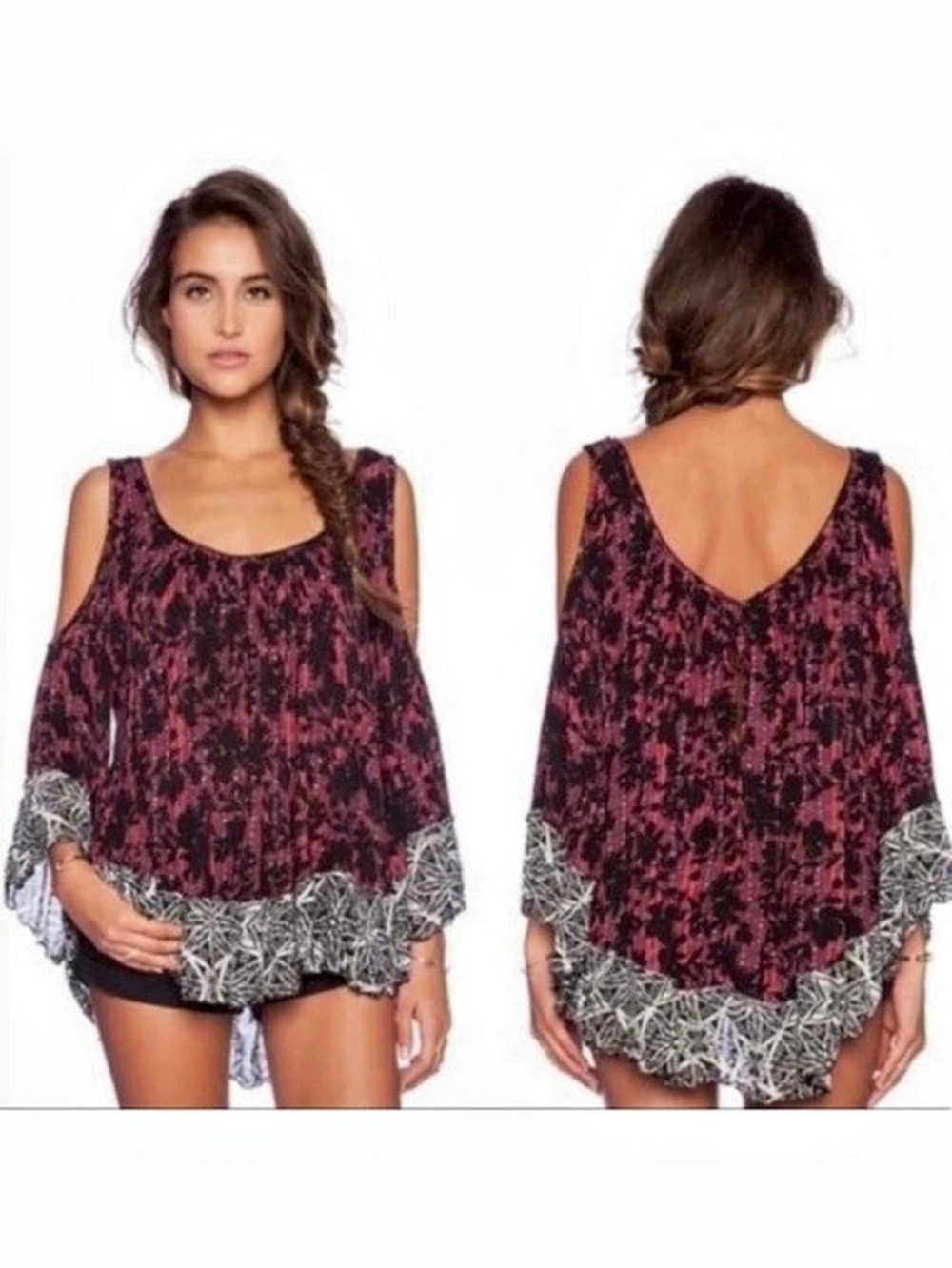 Free People Floral Cold Shoulder Tunic in Red & Black